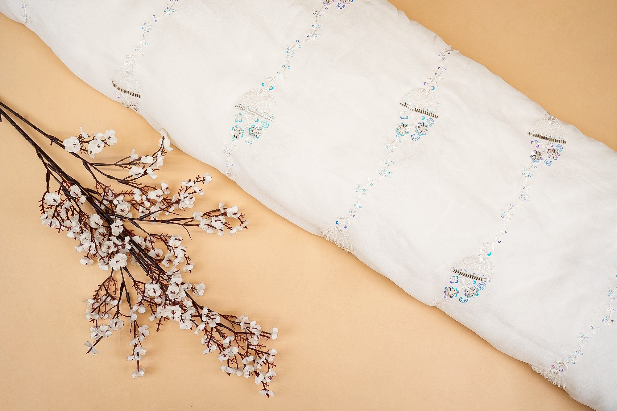Dyeable Georgette Fabric with Abstract Pattern, Rainbow Sequins, Kutdana, and Beadwork
