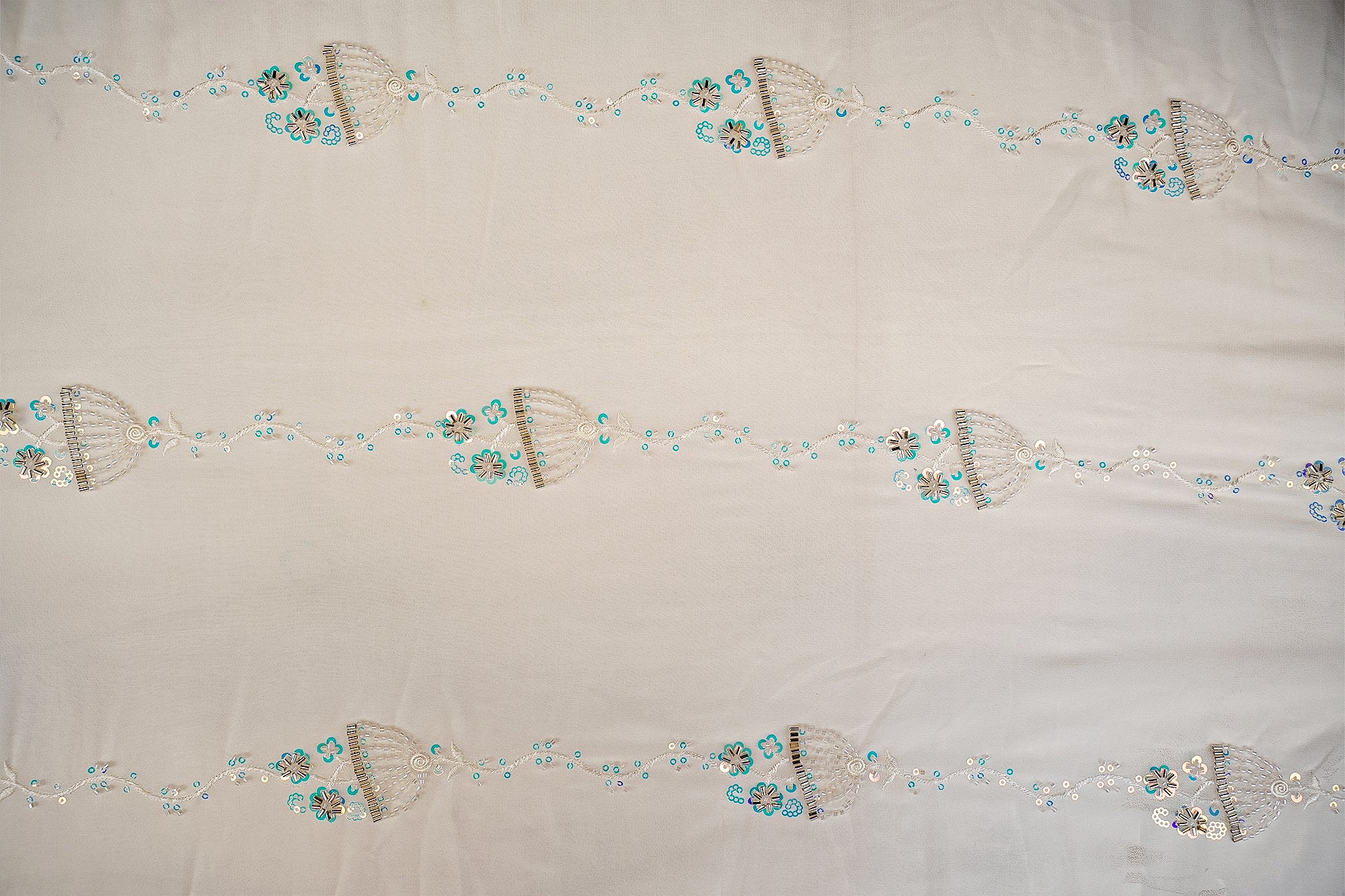 Dyeable Georgette Fabric with Abstract Pattern, Rainbow Sequins, Kutdana, and Beadwork