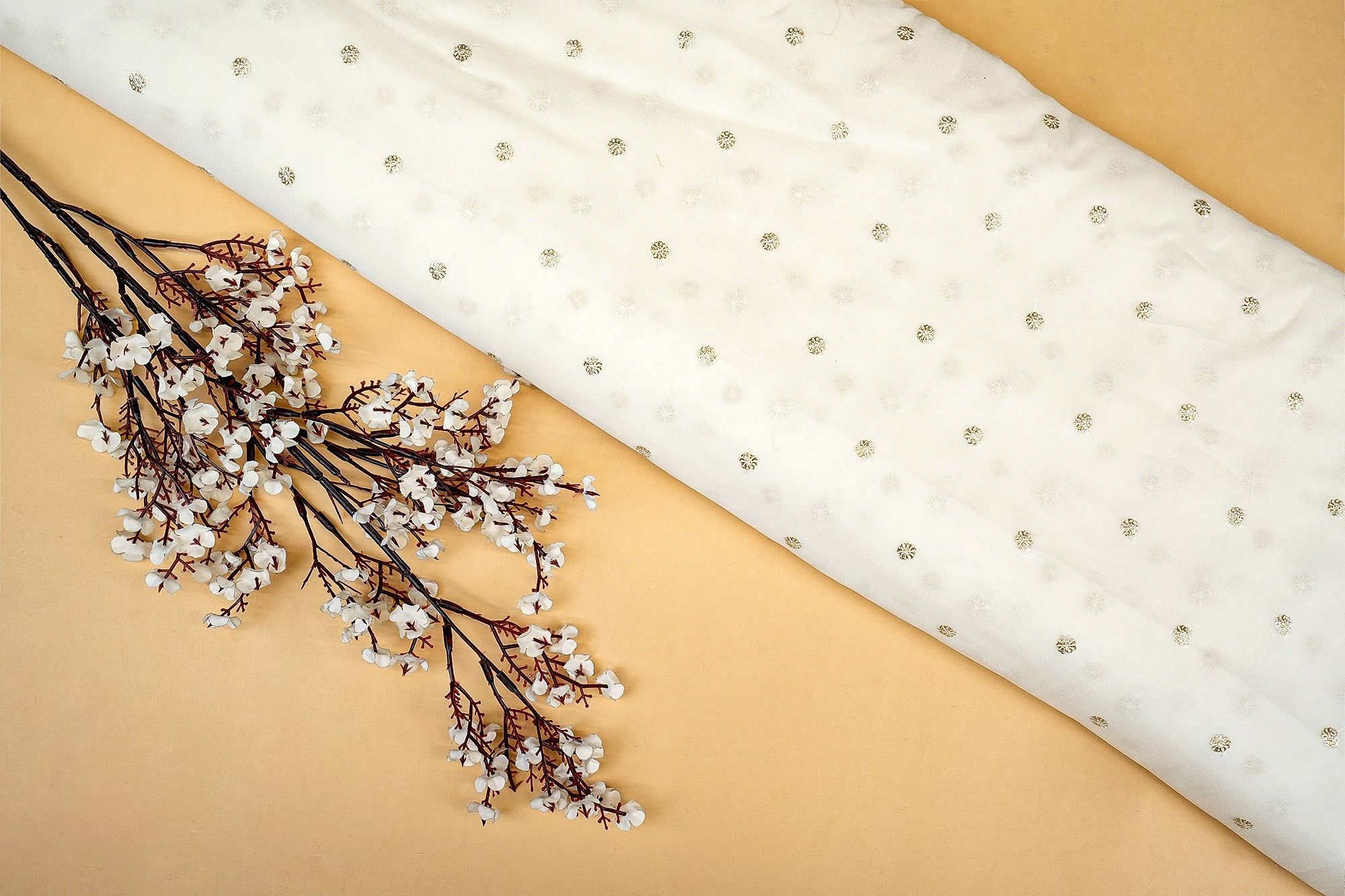 Dyeable Georgette Golden Allure Fabric with All-Over Butti of Sequins and Threadwork