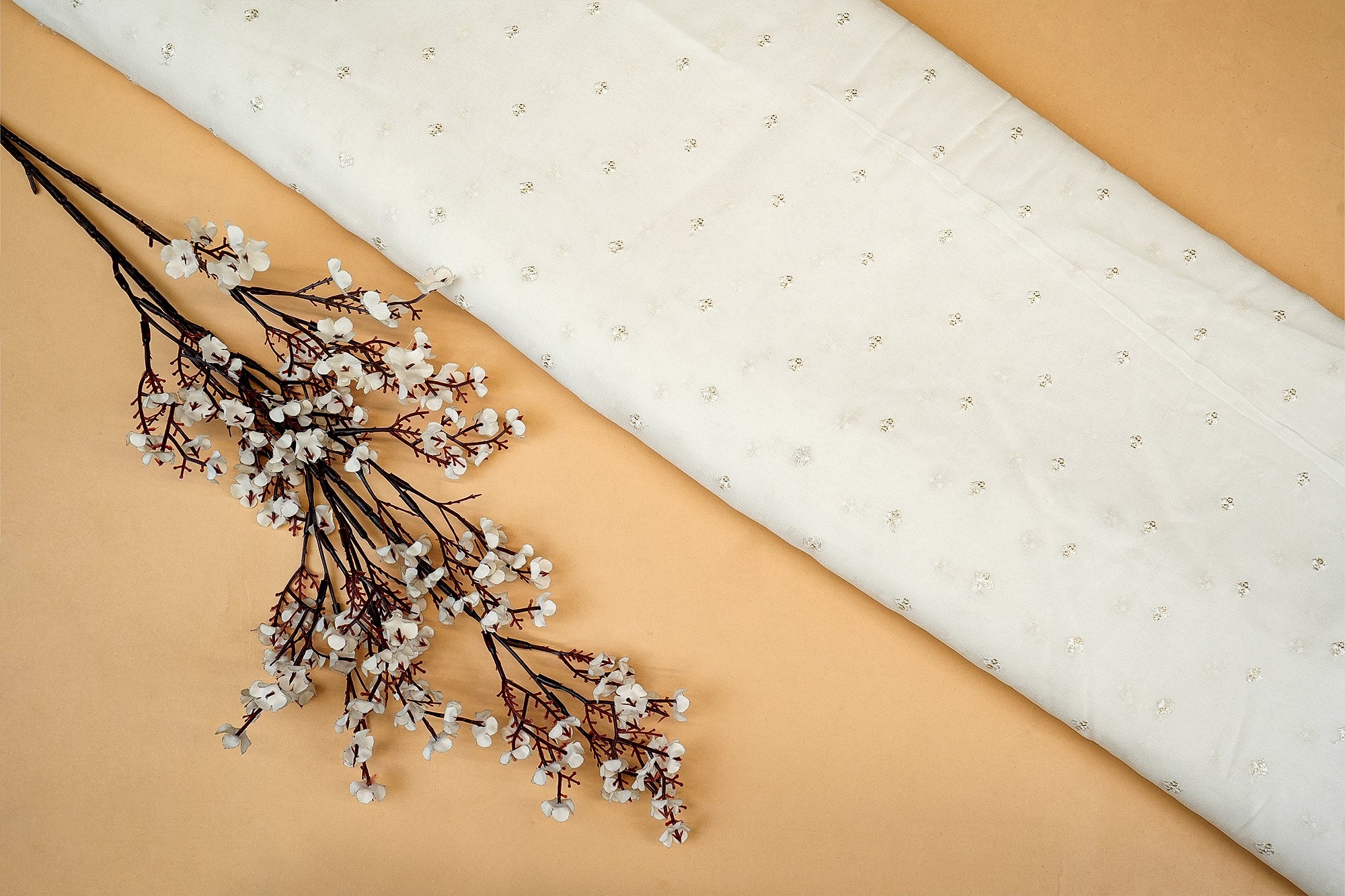 Dyeable Georgette Golden Allure Fabric with All-Over Butti of Sequins and Threadwork