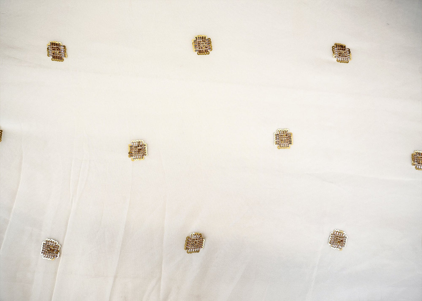 Golden Elegance Organza Fabric with Sequins, Beads, Kutdana, and Threadwork