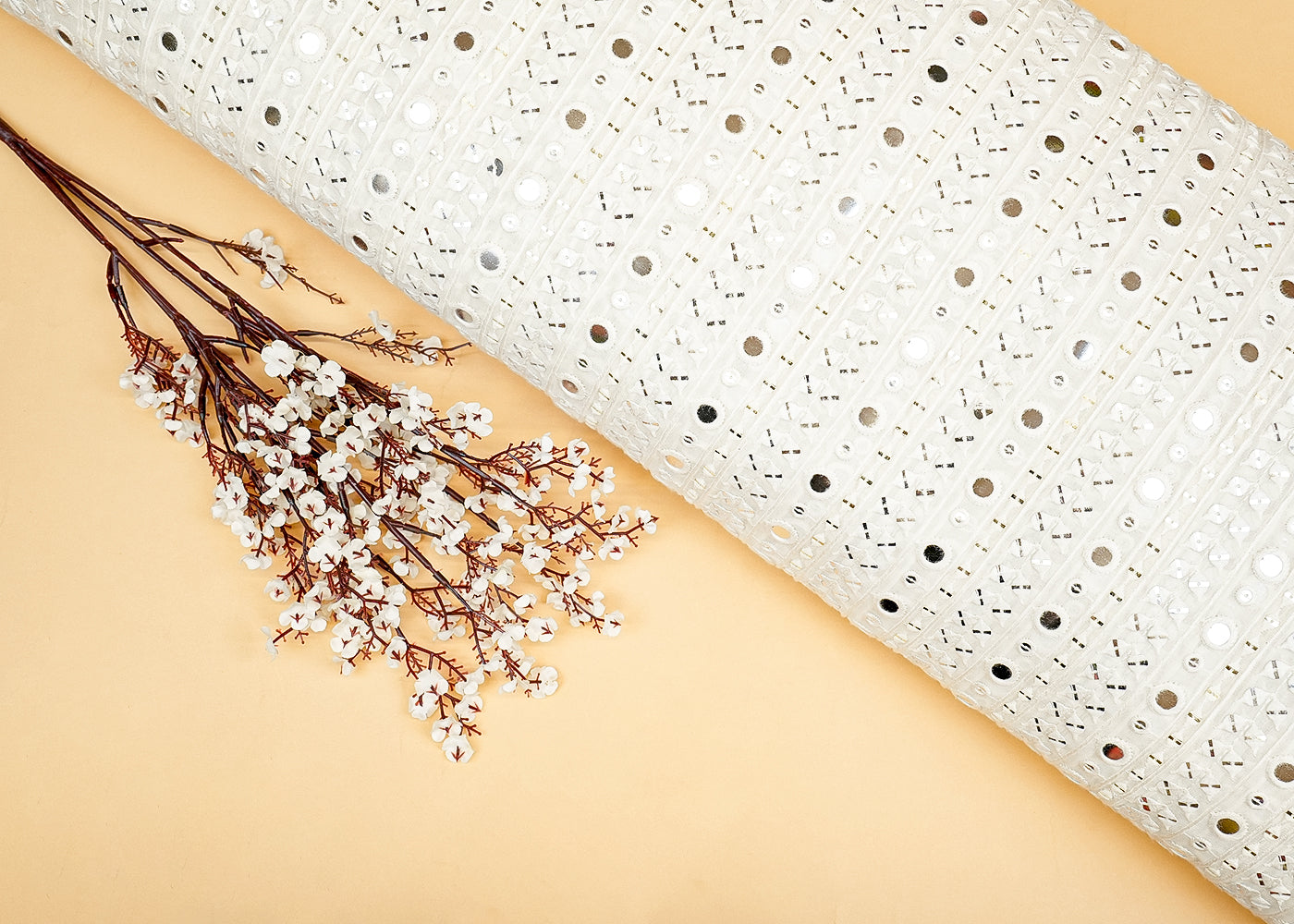 Dyeable Georgette Fabric with All-Over White Threadwork and Faux Mirror