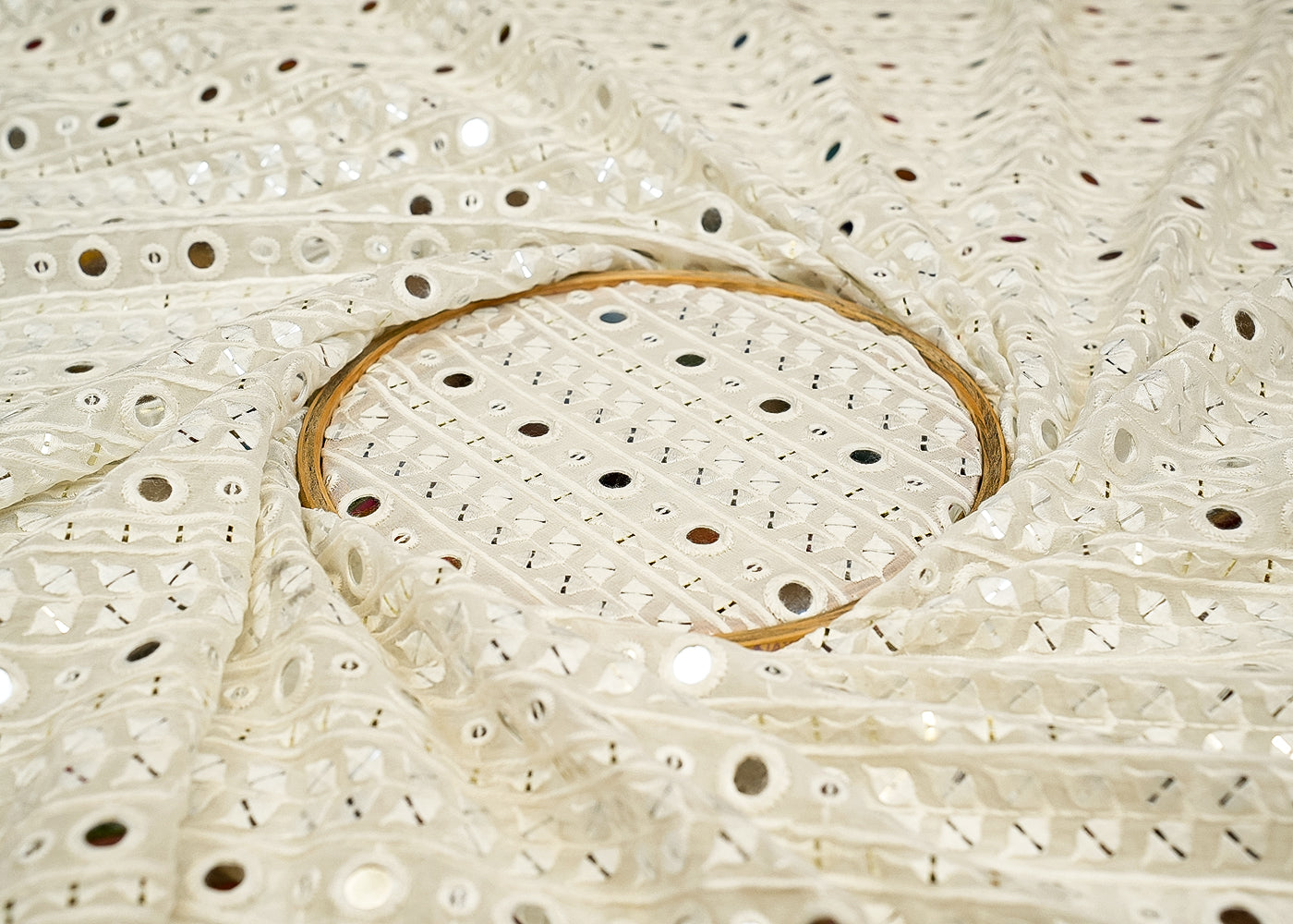 Dyeable Georgette Fabric with All-Over White Threadwork and Faux Mirror