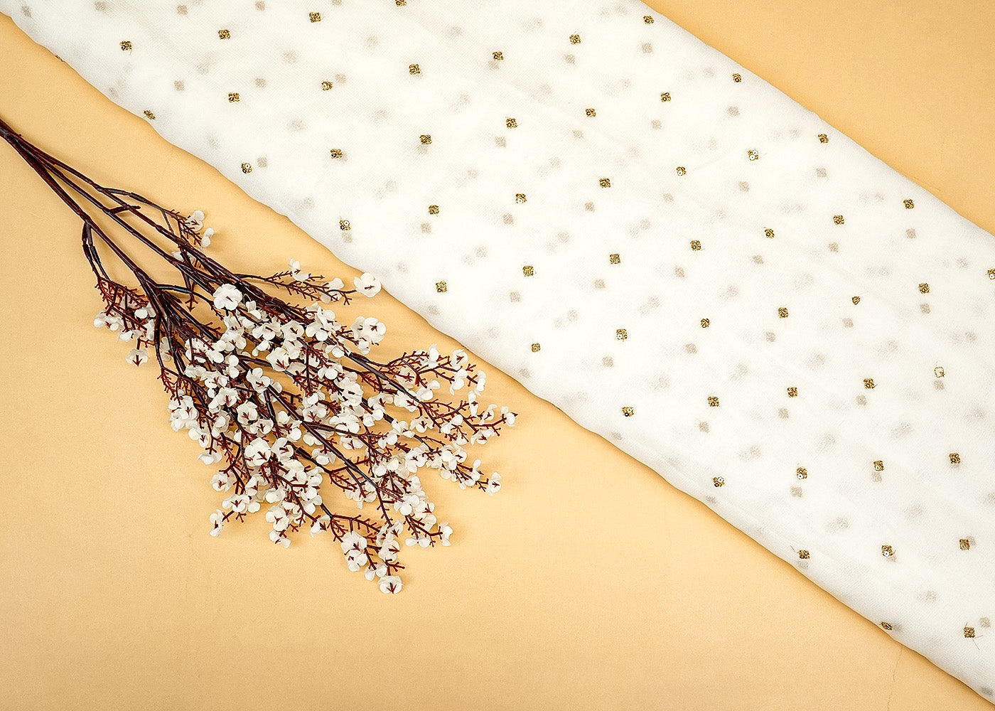 Dyeable Georgette Fabric with All-Over Buti Work of Golden Thread and Sequins
