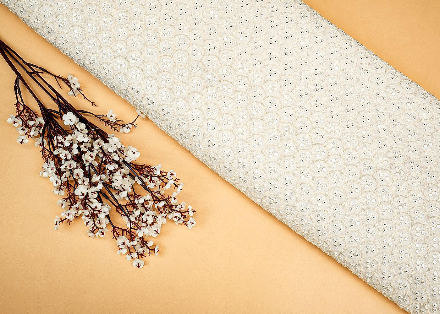 Dyeable Georgette Fabric with All-Over Traditional White and Rainbow Threadwork and Faux Mirror