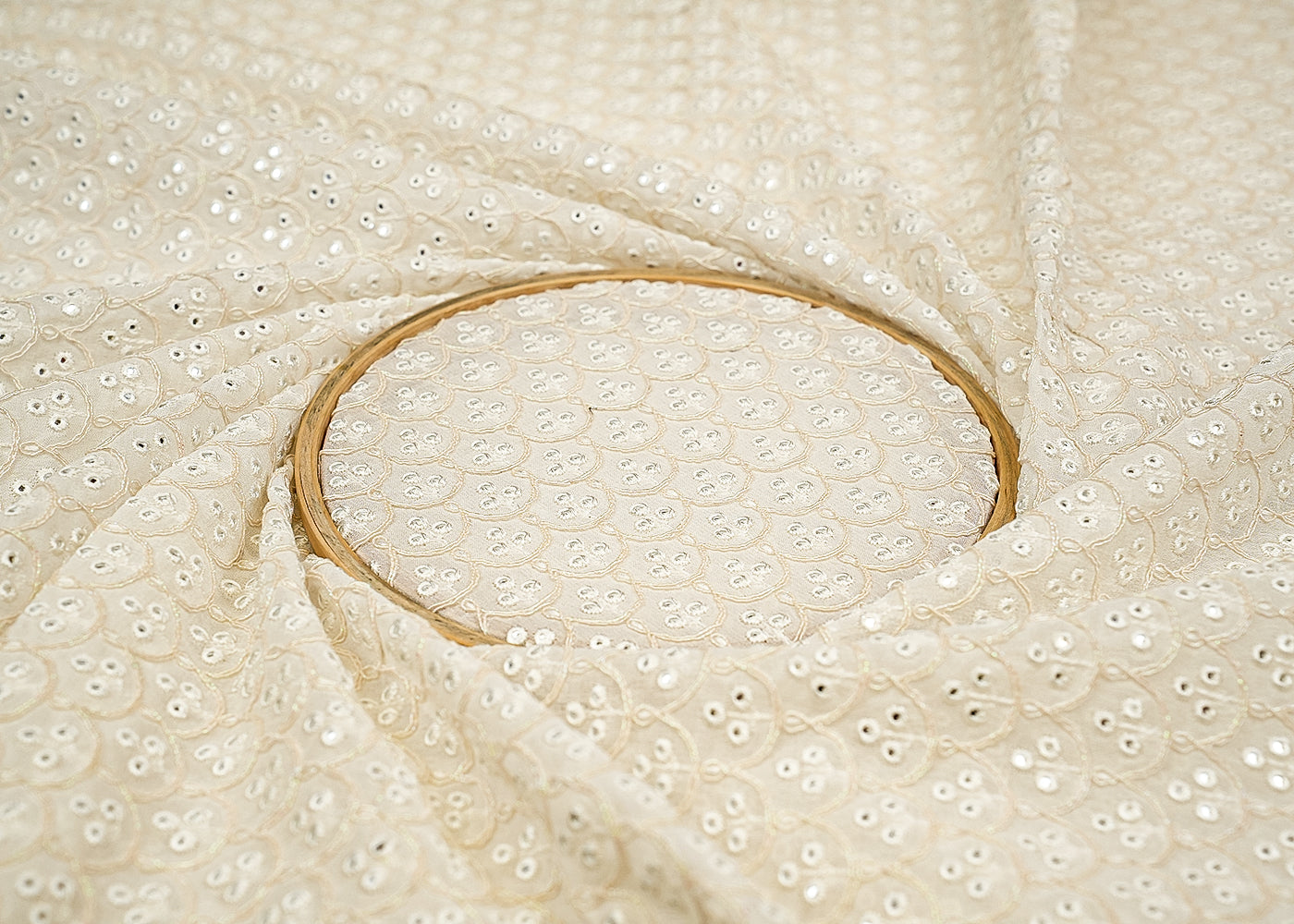 Dyeable Georgette Fabric with All-Over Traditional White and Rainbow Threadwork and Faux Mirror