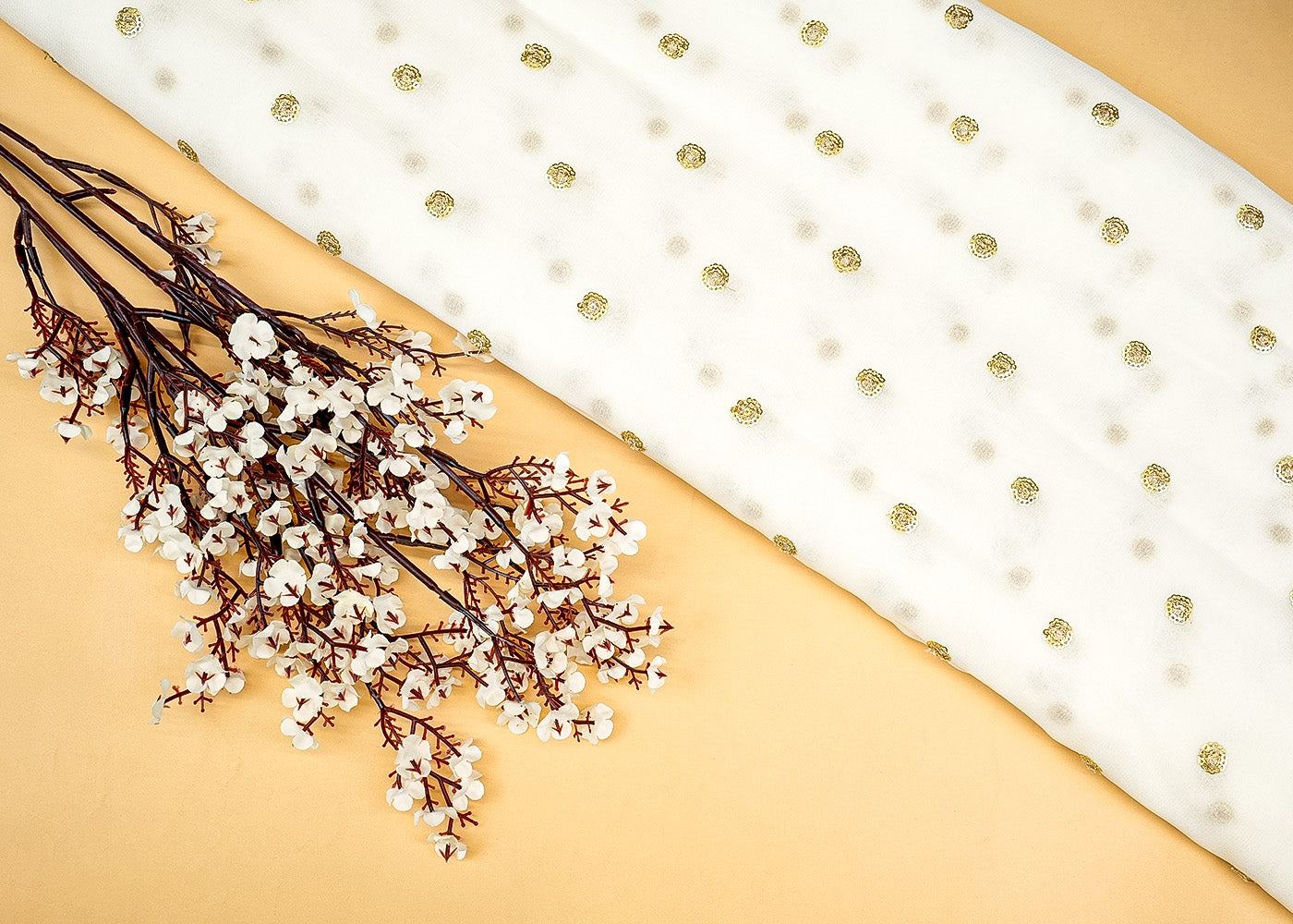 Dyeable Georgette Fabric with All-Over Buti of Golden Thread and Sequins