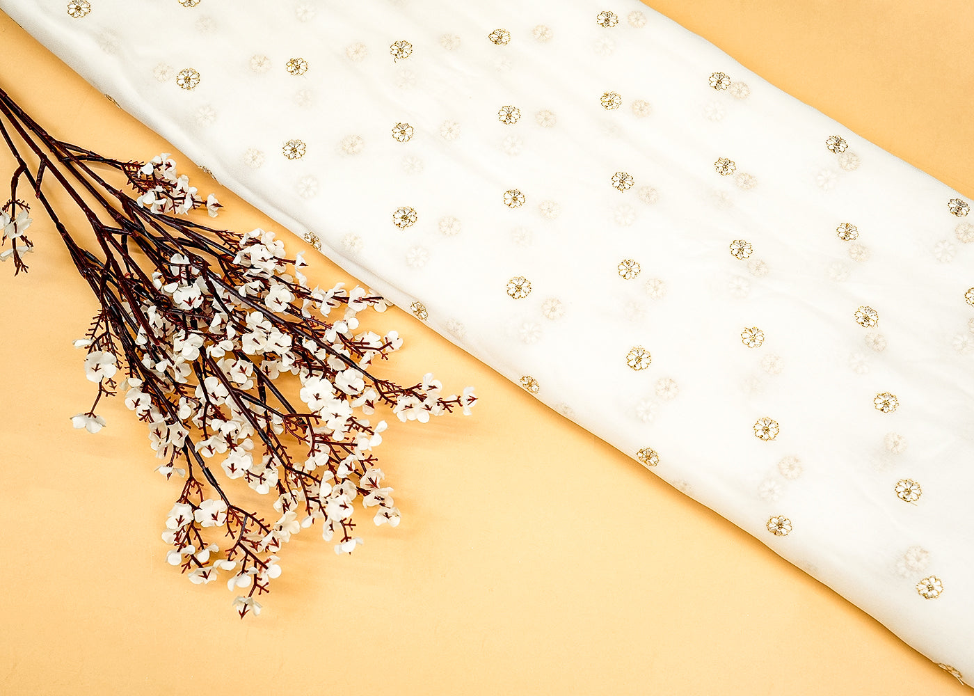 Dyeable Georgette Fabric with All-Over Floral Buti of White Threadwork and Golden Sequins