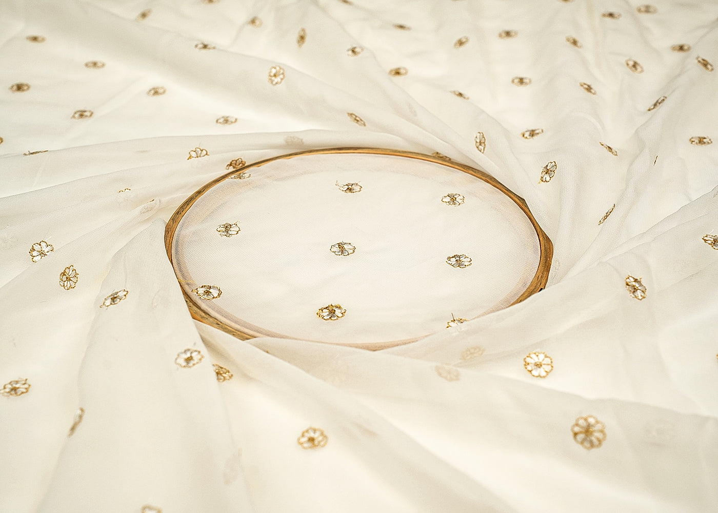 Dyeable Georgette Fabric with All-Over Floral Buti of White Threadwork and Golden Sequins