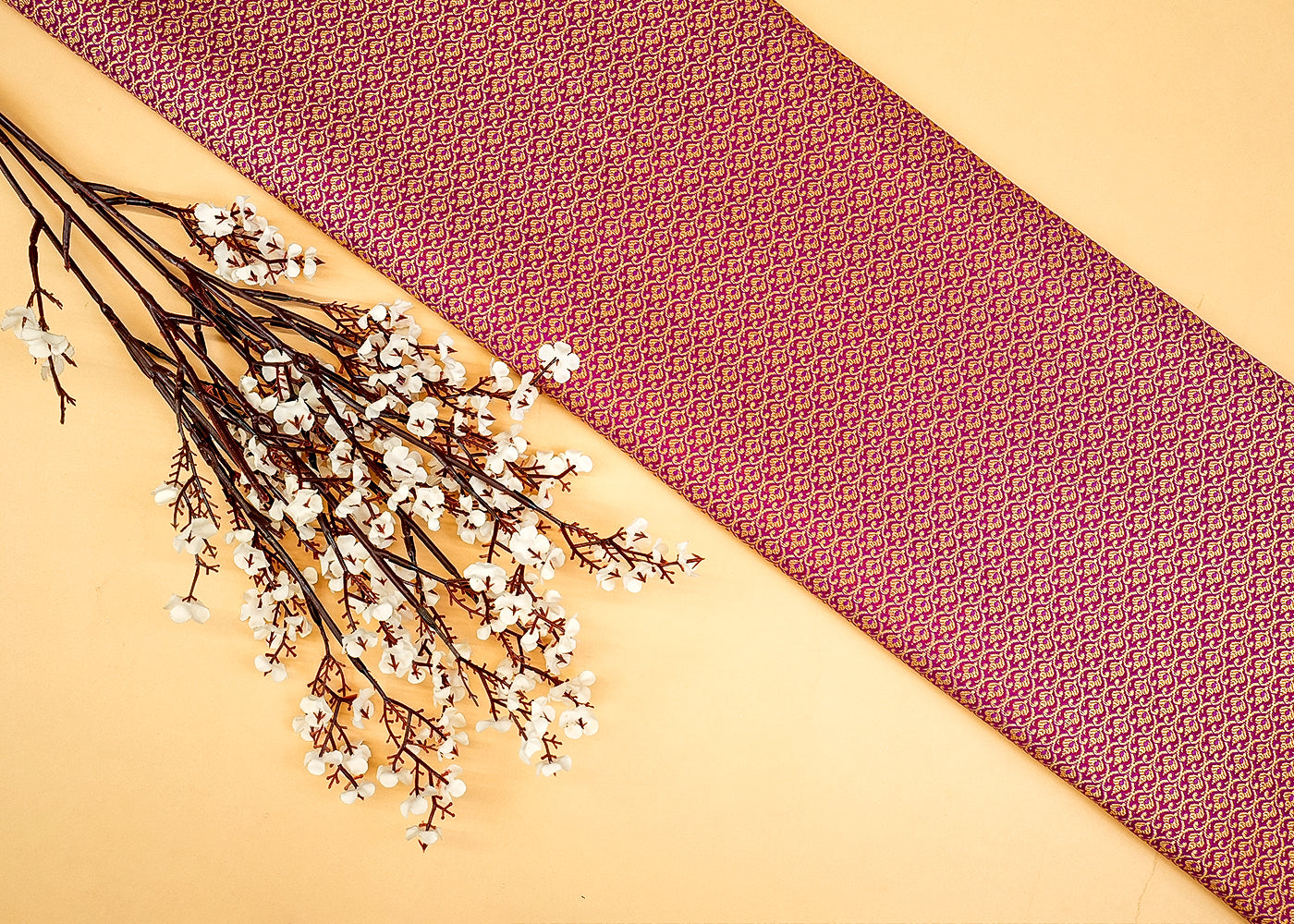 Magenta Pink Banarasi Brocade Fabric with All-Over Golden Traditional Handloom