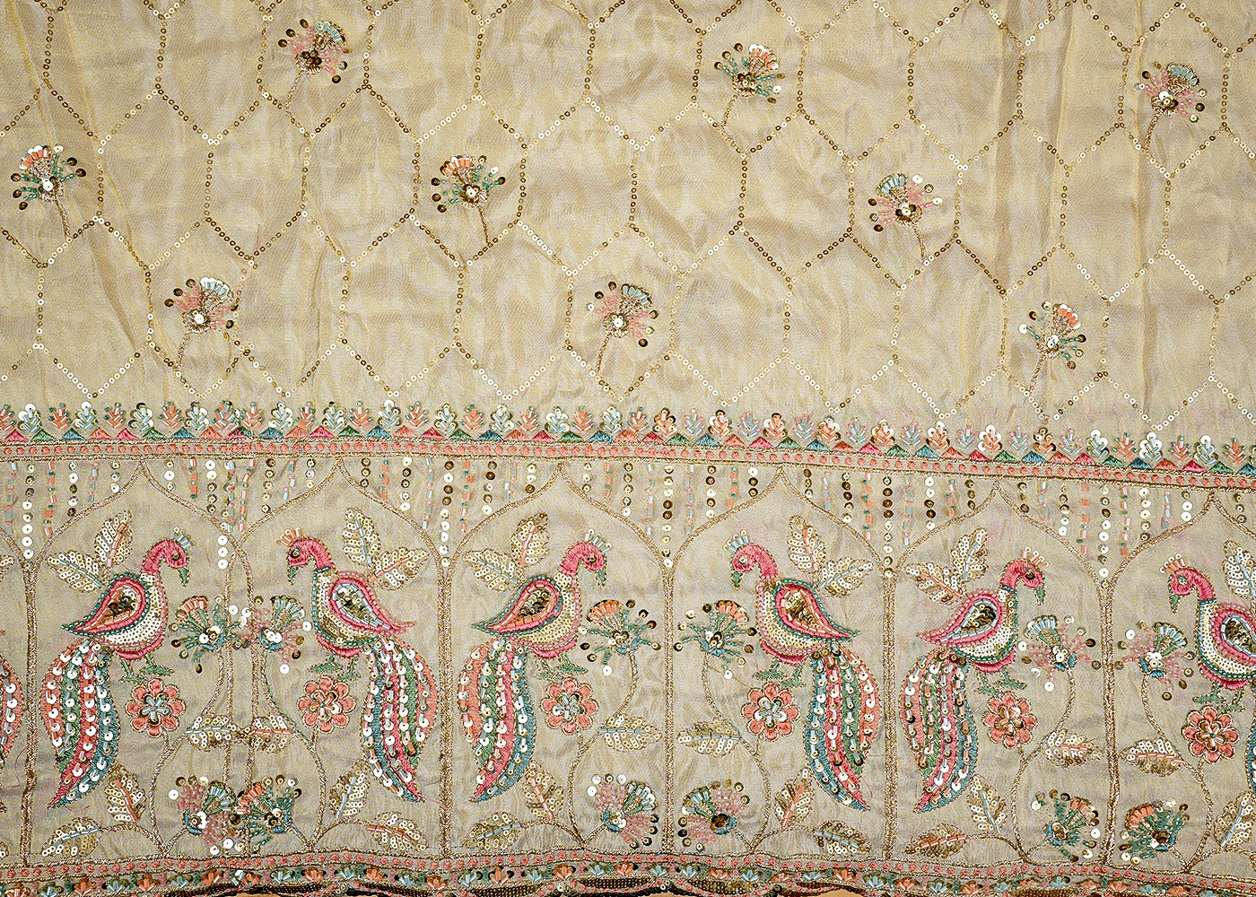 Peacock Tissue Fabric with Multicolor Threadwork and Heavy Border of Sequins and Zari Work