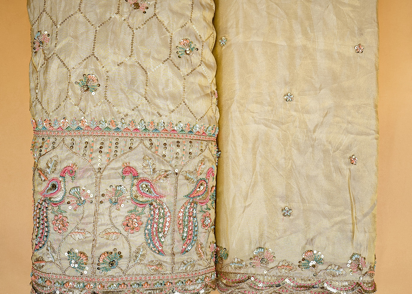 Peacock Tissue Fabric with Multicolor Threadwork and Heavy Border of Sequins and Zari Work