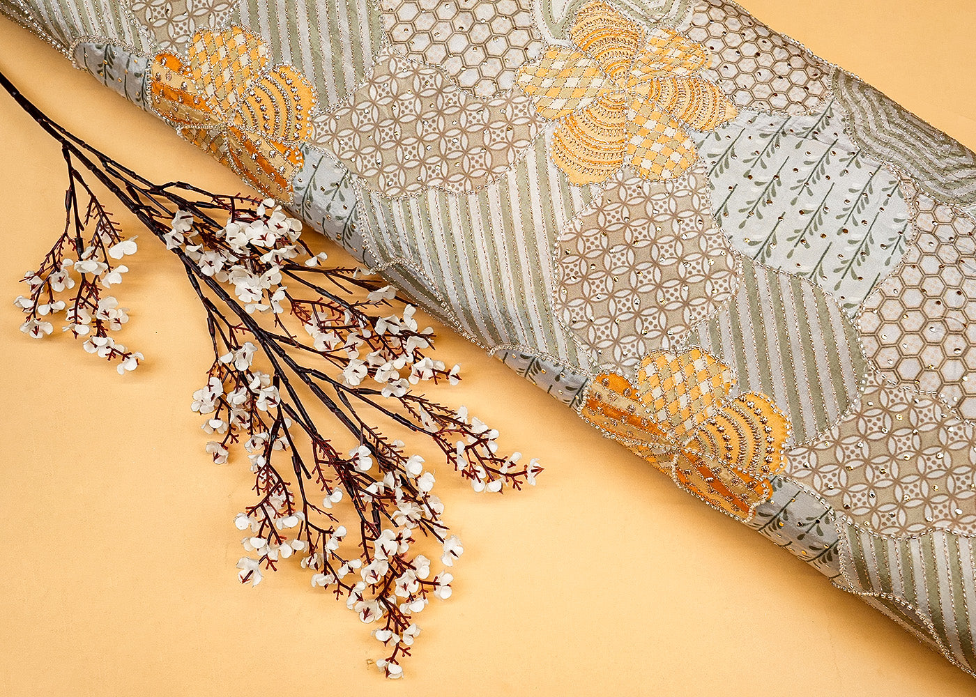 Grey Abstract Opulence Crepe Fabric with Mukesh, Zari, and Katdana Work
