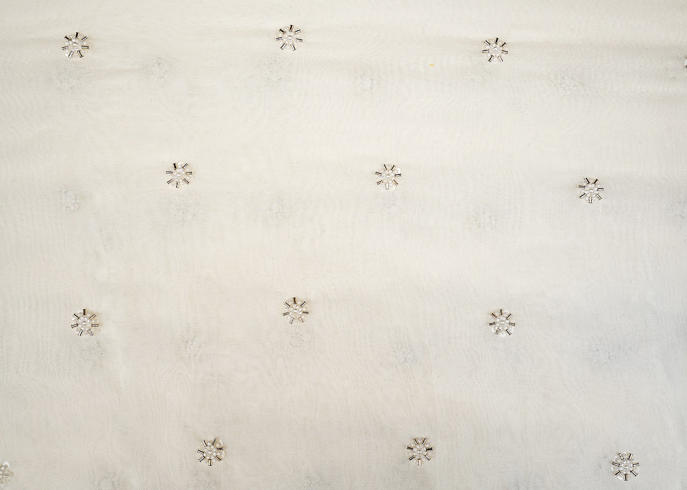 White Opulent Organza Fabric with All-Over Buti of Kutdana, Pearl, and Bead Work