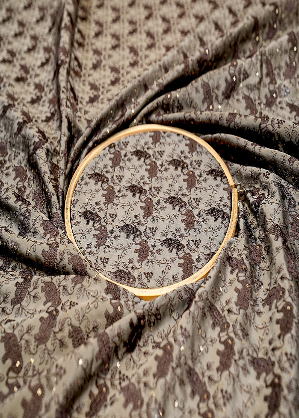 Grey-Elephant-Majesty-Silk-Dupion-Fabric-with-Thread-and-Sequins-Work-| -11894-close-view