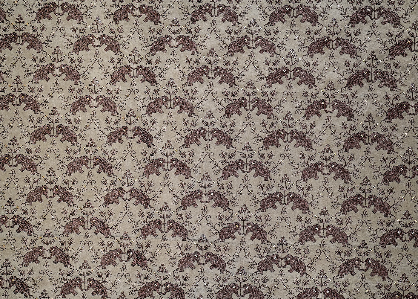 Grey Elephant Majesty Silk Dupion Fabric with Thread and Sequins Work