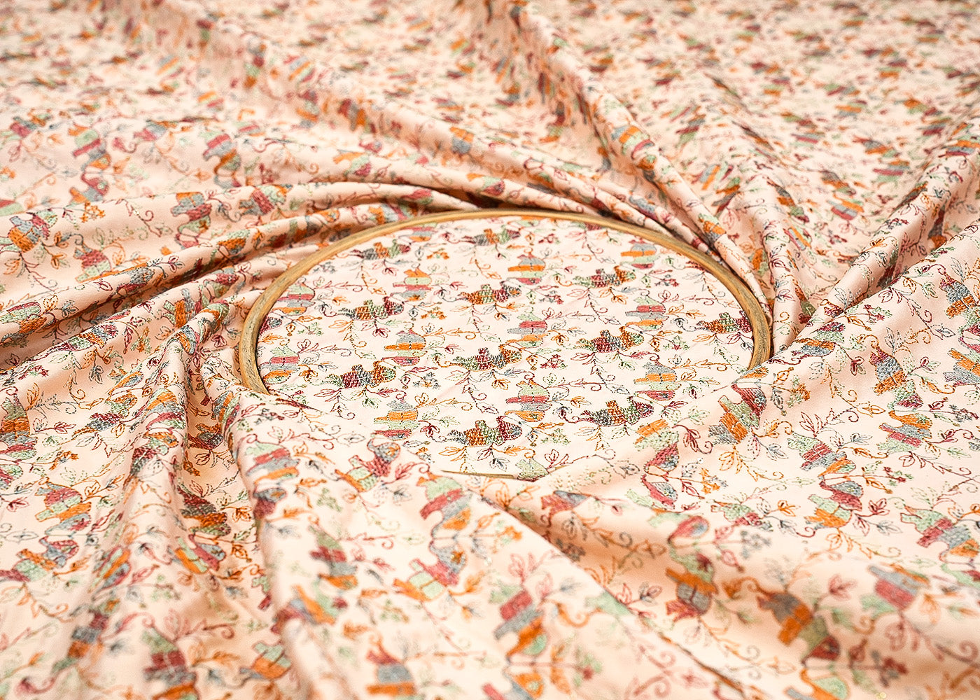 Peach Elephant Majesty Silk Dupion Fabric with Thread and Sequins Work