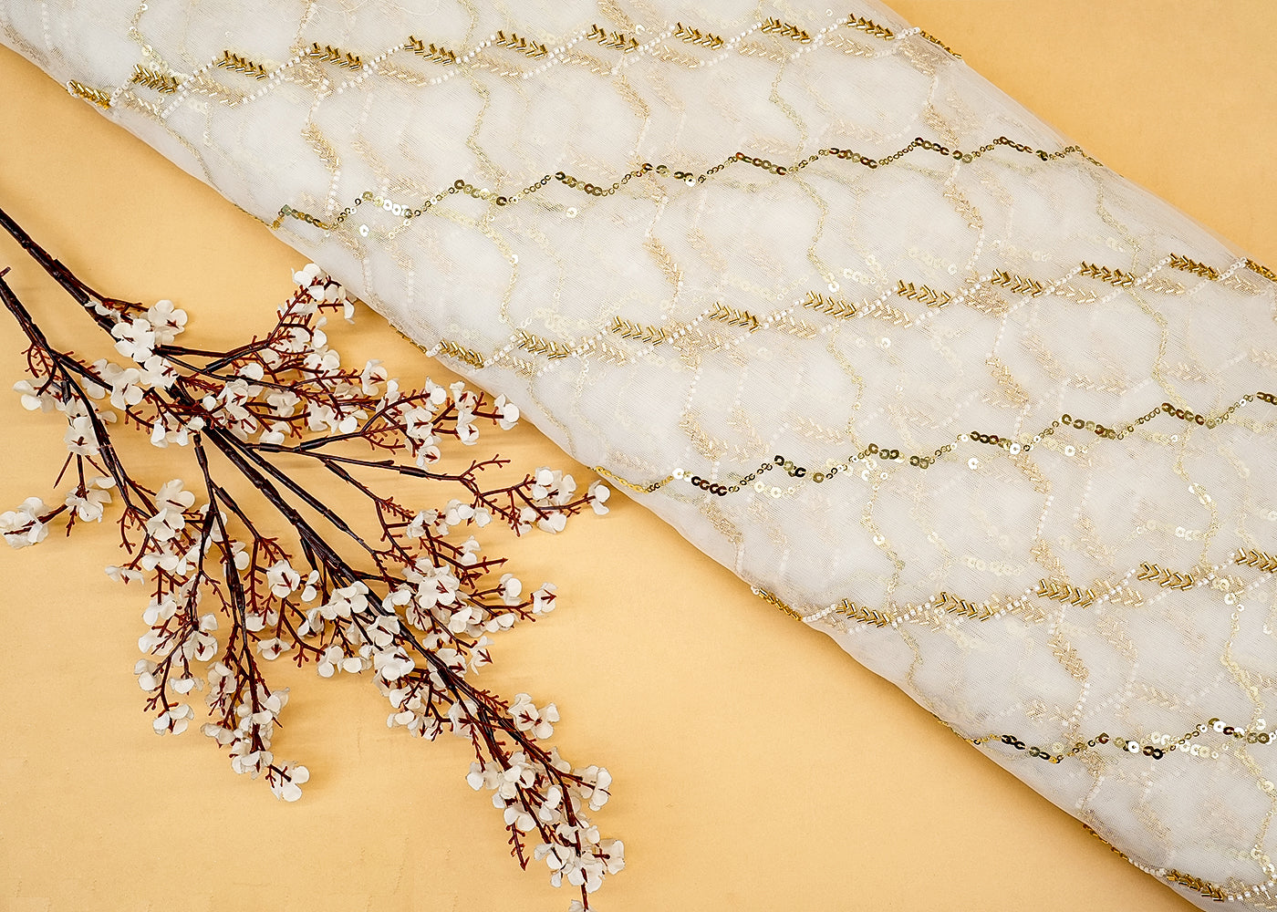 Golden Zig-Zag Net Fabric with All-Over Pattern of Sequins, Beads, and Katdana Work