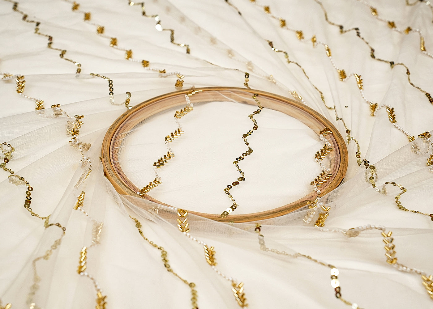 Golden Zig-Zag Net Fabric with All-Over Pattern of Sequins, Beads, and Katdana Work