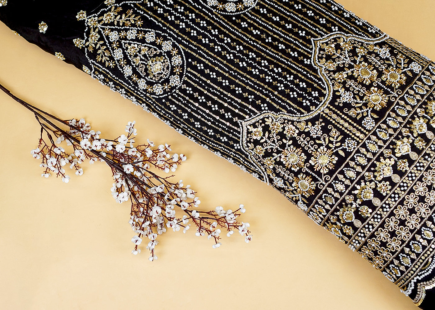 Black Crepe Fabric with All-Over Buti and Border of Sequins, Kutdana, Pearl, and Zari Work