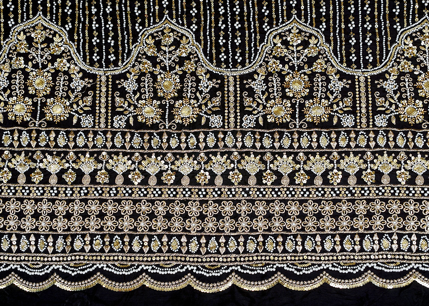 Black Crepe Fabric with All-Over Buti and Border of Sequins, Kutdana, Pearl, and Zari Work