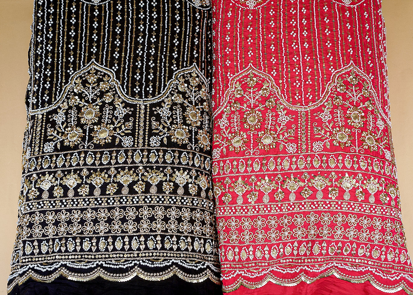 Black Crepe Fabric with All-Over Buti and Border of Sequins, Kutdana, Pearl, and Zari Work