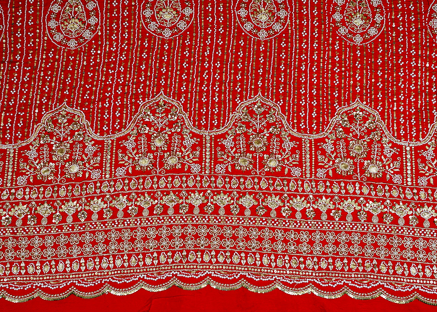 Red Crepe Fabric with All-Over Buti and Border of Sequins, Kutdana, Pearl, and Zari Work