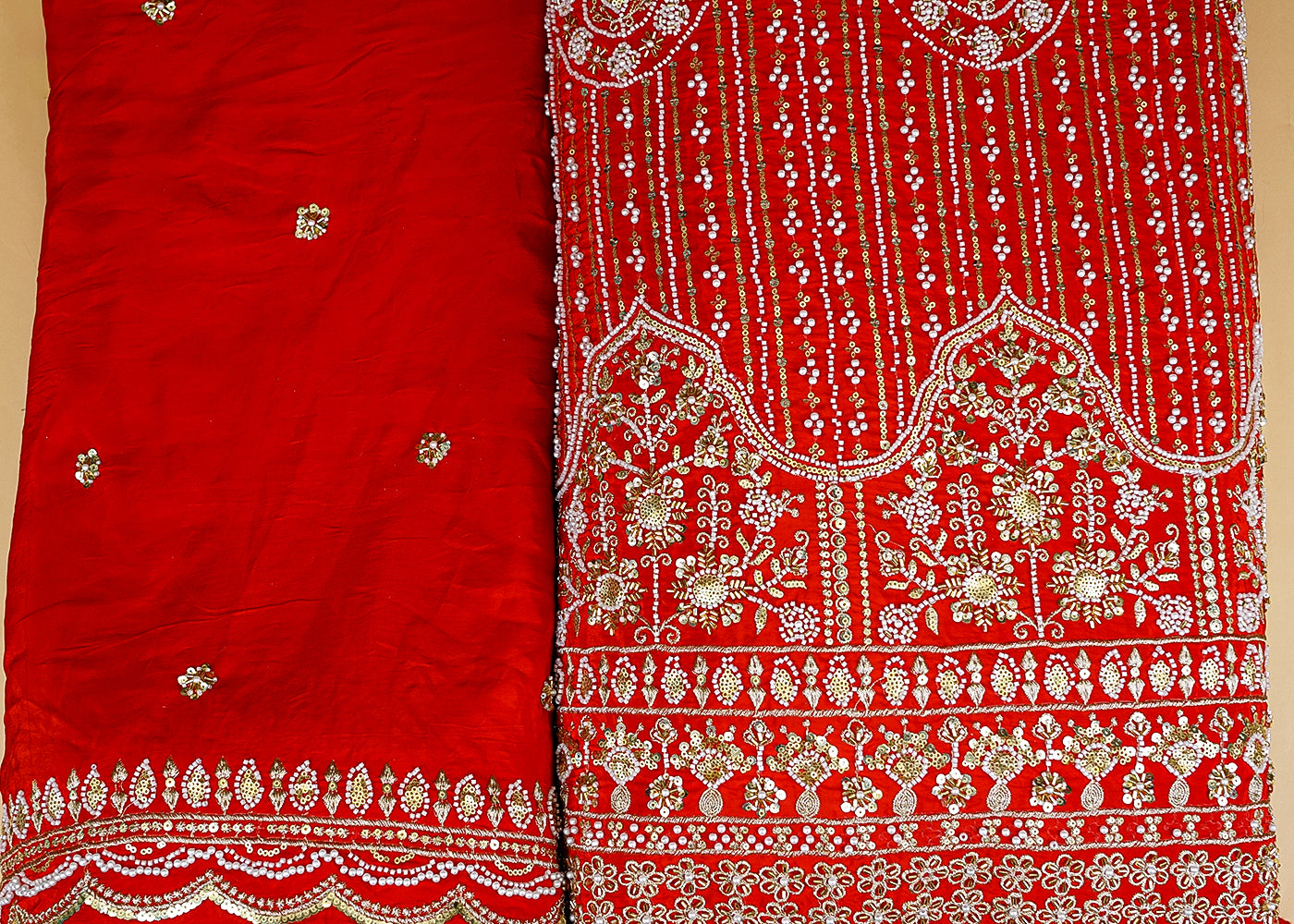 Red Crepe Fabric with All-Over Buti and Border of Sequins, Kutdana, Pearl, and Zari Work