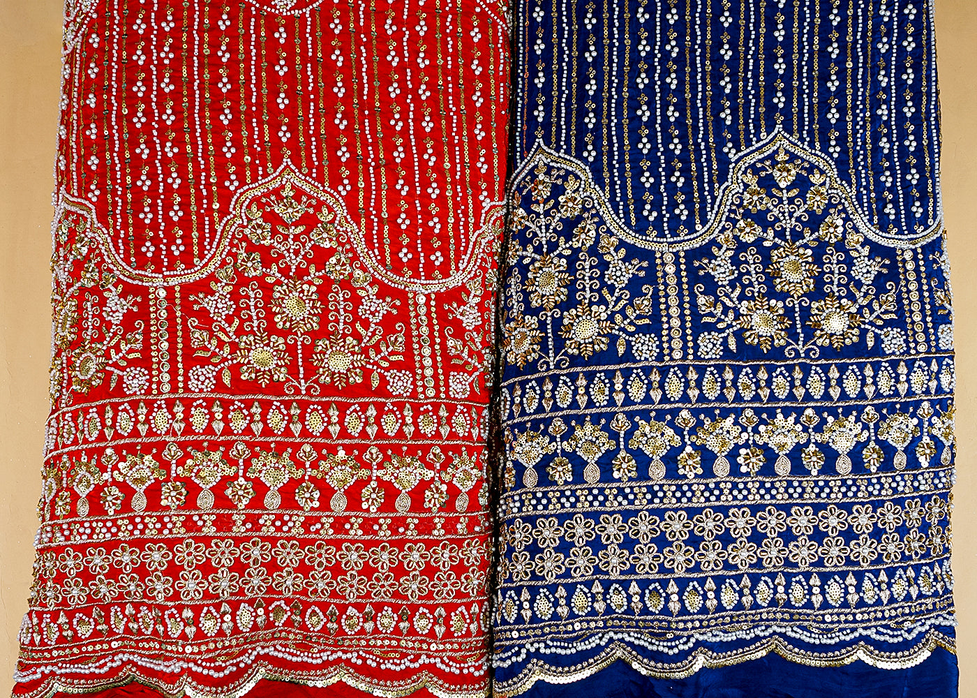 Red Crepe Fabric with All-Over Buti and Border of Sequins, Kutdana, Pearl, and Zari Work