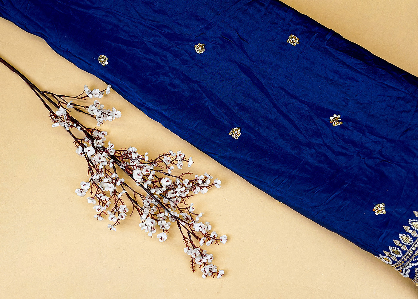 Royal Blue Crepe Dupatta Fabric with All-Over Buti and Border of Sequins, Kutdana, Pearl, and Zari Work