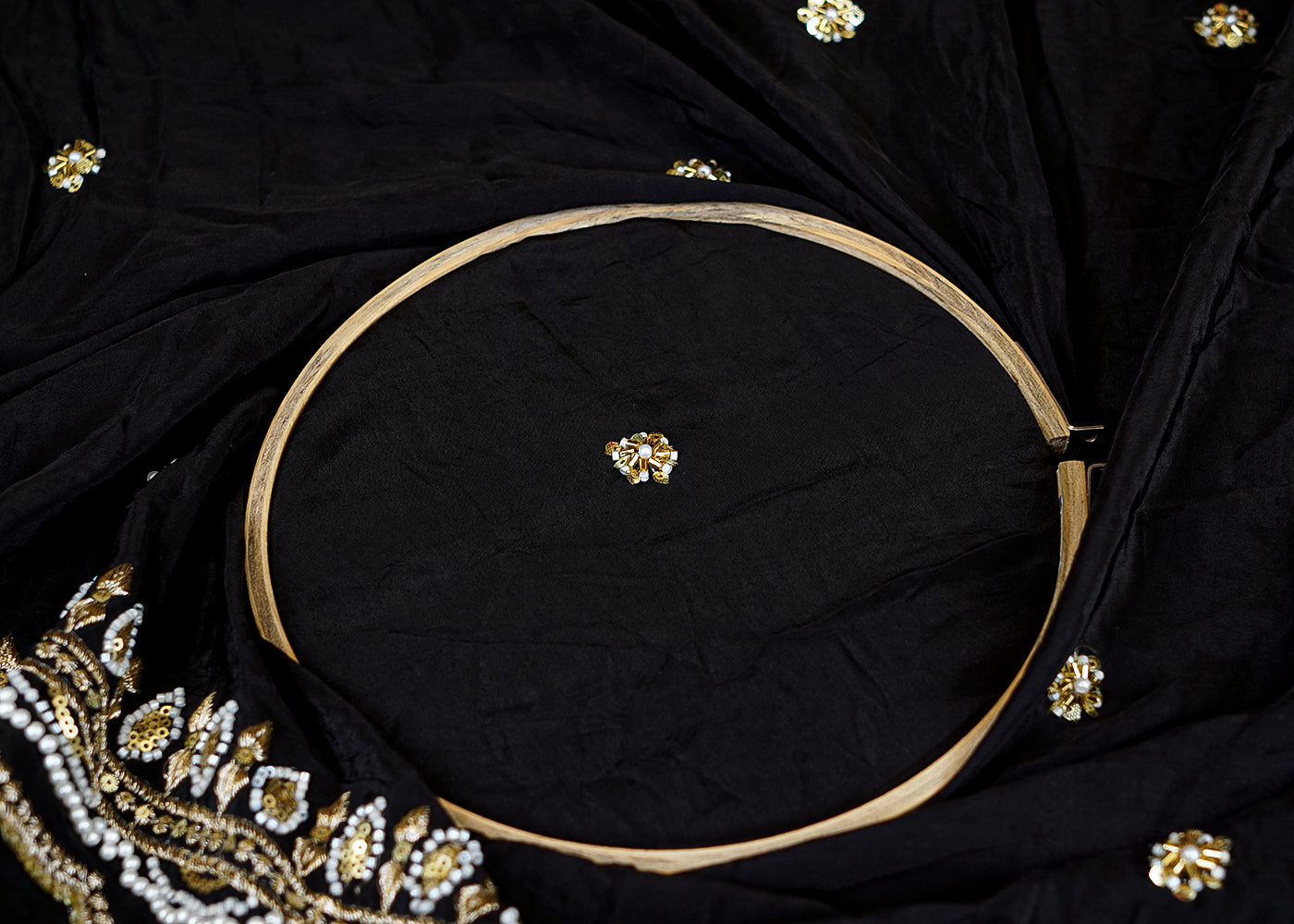 Black Crepe Dupatta Fabric with All-Over Buti and Border of Sequins, Kutdana, Pearl, and Zari Work