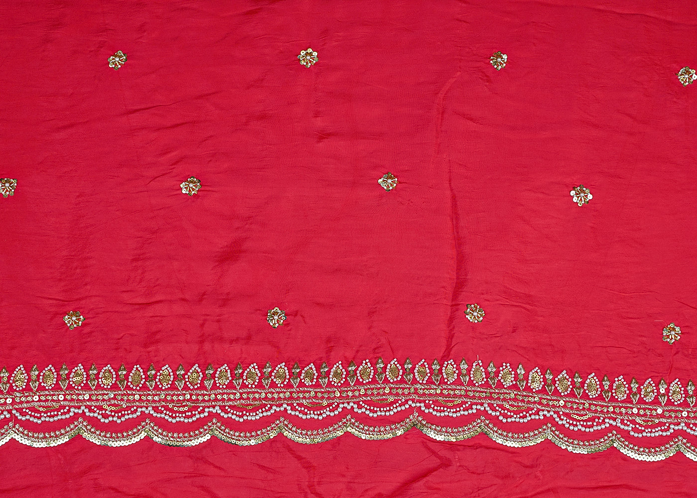 Pink Crepe Dupatta Fabric with All-Over Buti and Border of Sequins, Kutdana, Pearl, and Zari Work