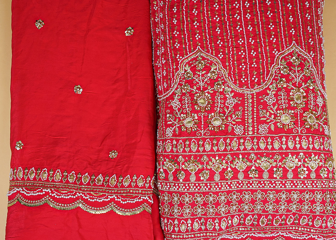 Pink Crepe Dupatta Fabric with All-Over Buti and Border of Sequins, Kutdana, Pearl, and Zari Work