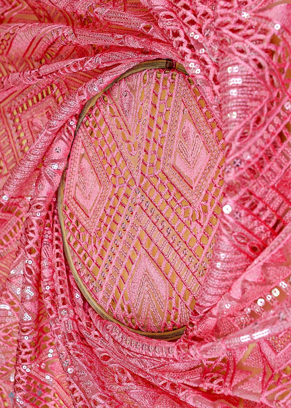 Pink-Exquisite-Imported-Net-Fabric-with-All-Over-Cutwork-and-Sequins-| -11961-close-view