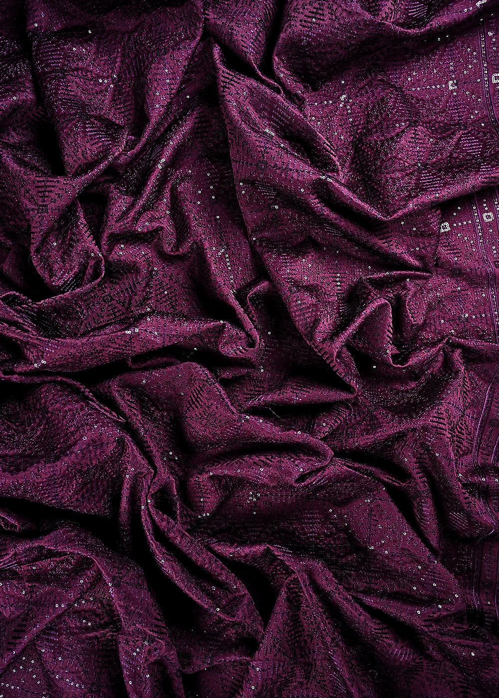 Wine Satin Fabric With All Over Thread And Sequins Work 11964
