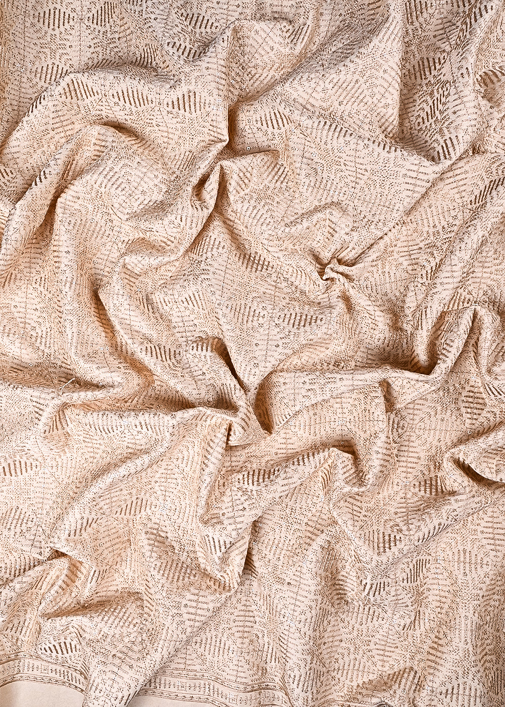 Beige Satin Fabric With All Over Thread And Sequins Work 11965