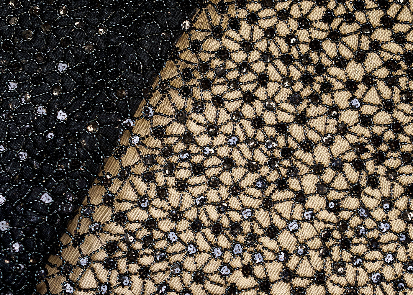 Black Imported Net with Sequins and Beads Handwork Embellishments