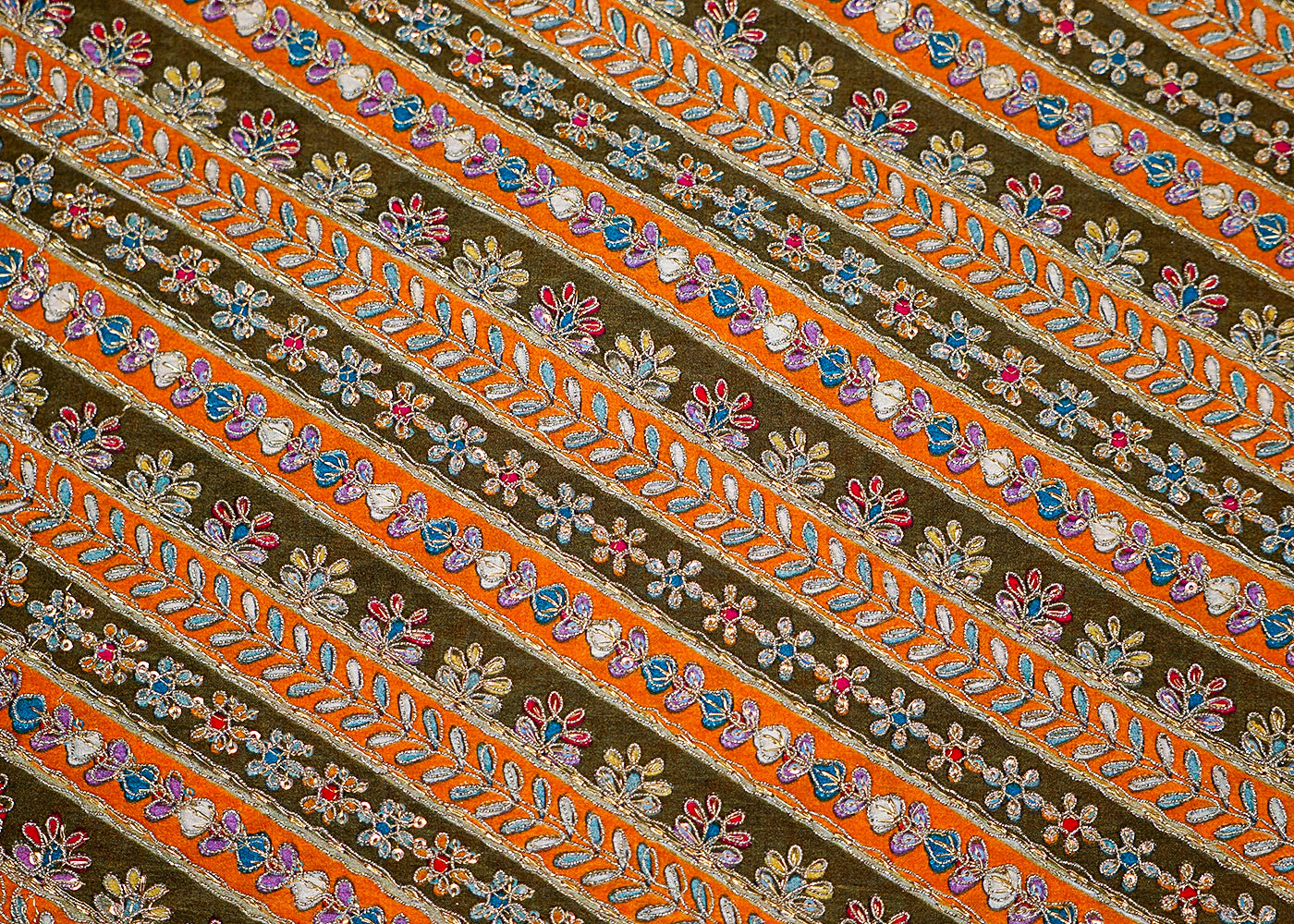 Mehendi-Orange Crepe Fabric with Shimmering Zari & Sequins – Paras Gallery Fabrics