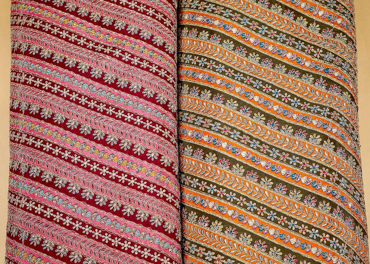 Abstract Print Crepe Fabric with Zari Embellishments & Sequins – Paras Gallery Fabrics