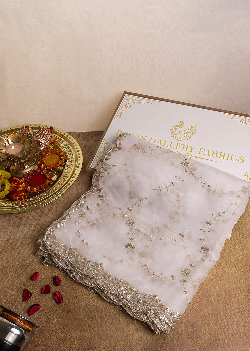 White Dyeable Organza Dupatta With All Over Zari And Sequins Work 12039