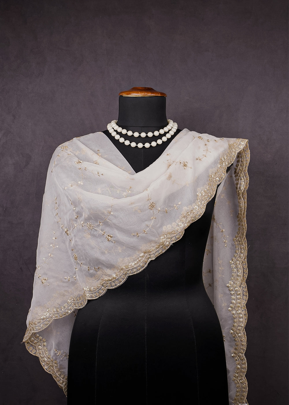 White Dyeable Organza Dupatta With All Over Zari And Sequins Work 12039