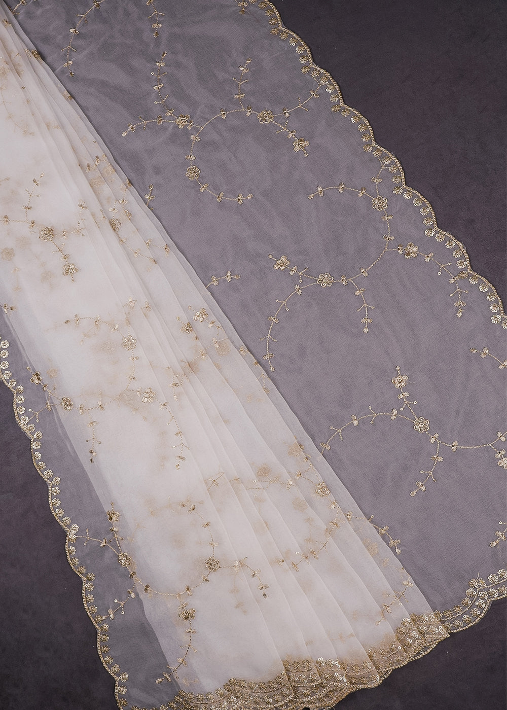 White Dyeable Organza Dupatta With All Over Zari And Sequins Work 12039