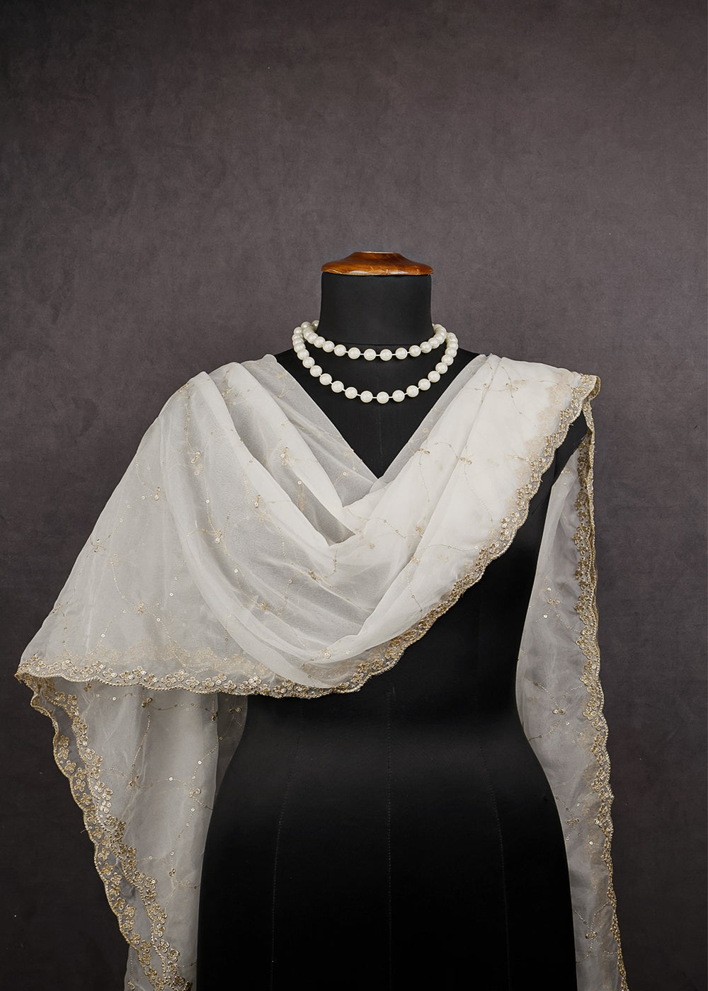 White Dyeable Organza Dupatta With All Over Zari And Sequins Work 12040