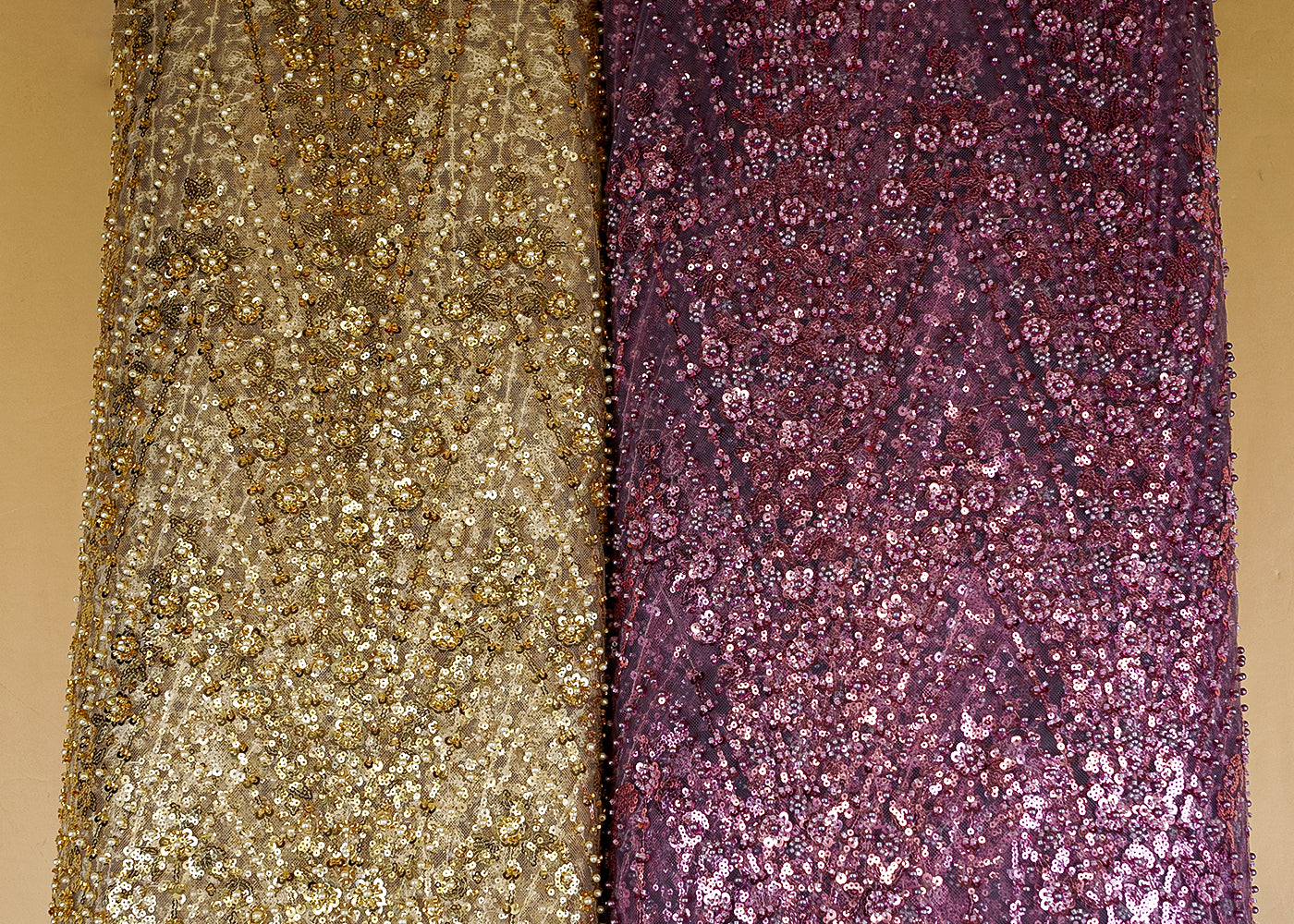 Onion Imported net with floral pattern of kutdana, sequins and pearl work