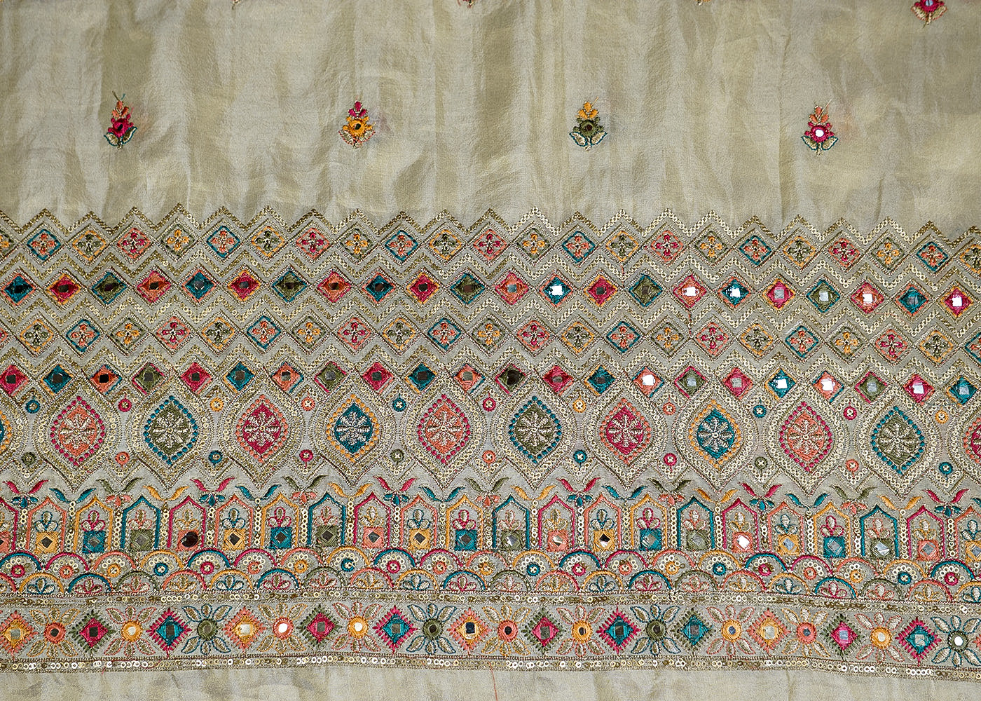 Vibrant Tissue Fabric with Multicolor Thread and Sequins Buti and Heavy Border