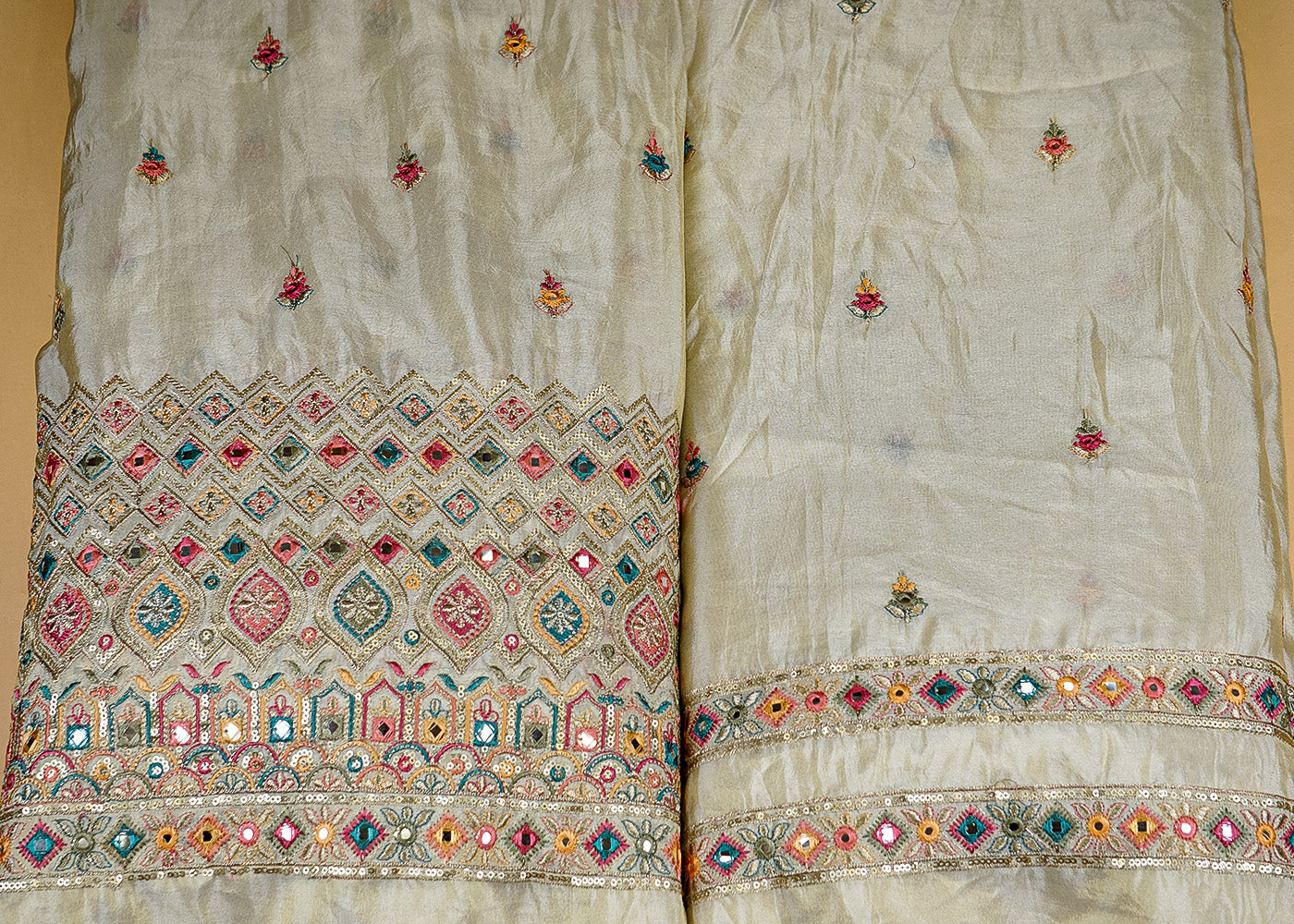 Vibrant Tissue Fabric with Multicolor Thread and Sequins Buti and Heavy Border