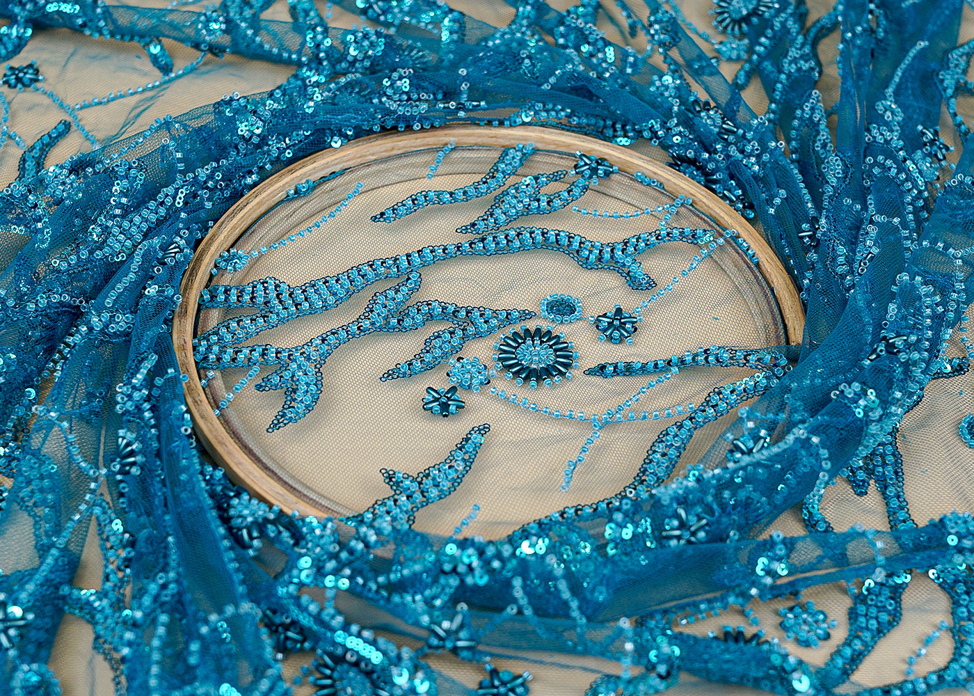 Blue Net Fabric with All Over Katdana, Bead, and Sequins Work 12206