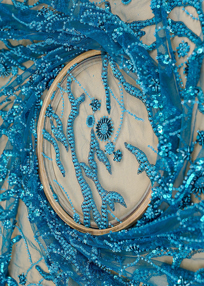 Blue Imported Net Fabric with All Over Katdana, Bead, and Sequins Work 12206