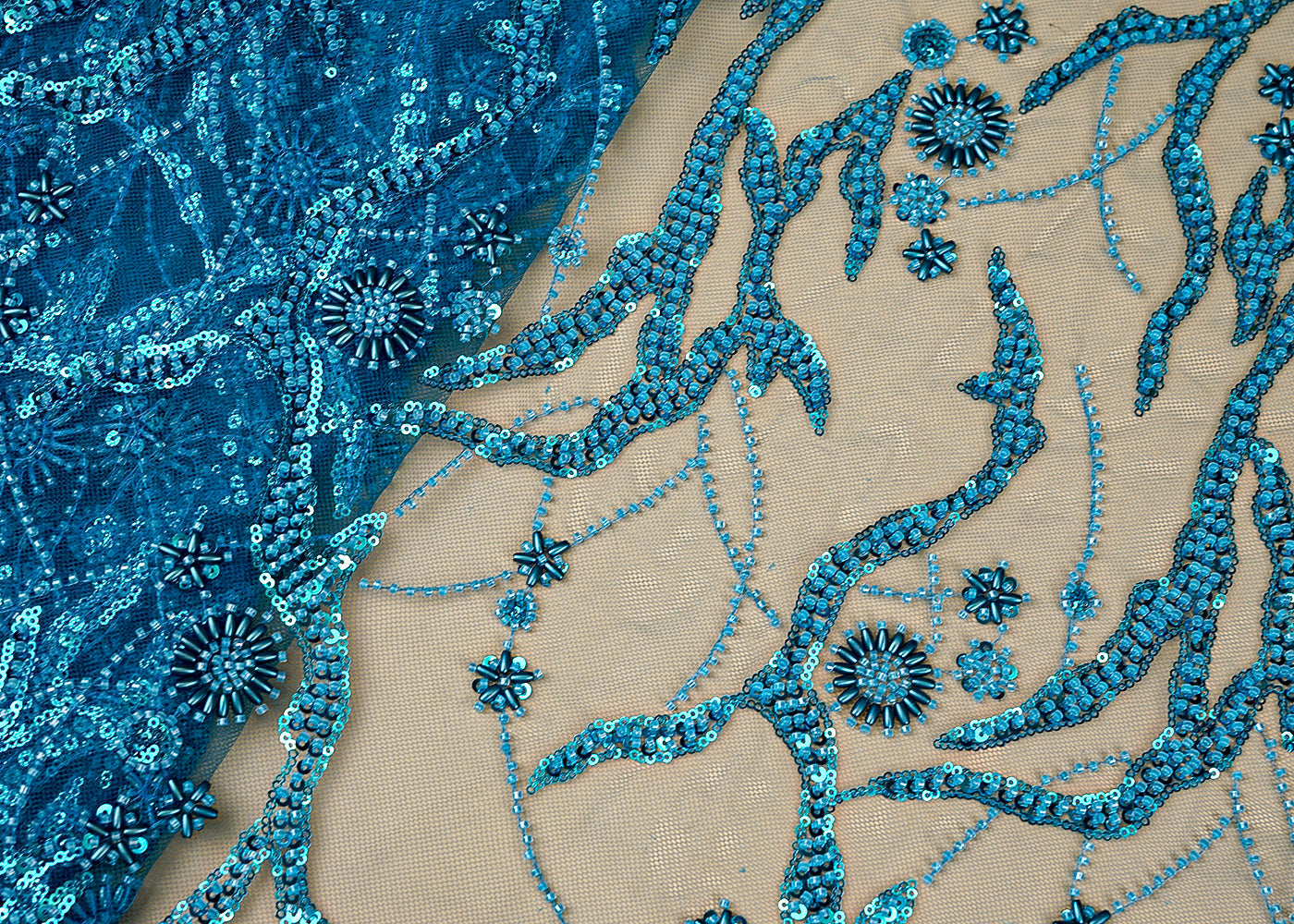 Blue Net Fabric with All Over Katdana, Bead, and Sequins Work 12206