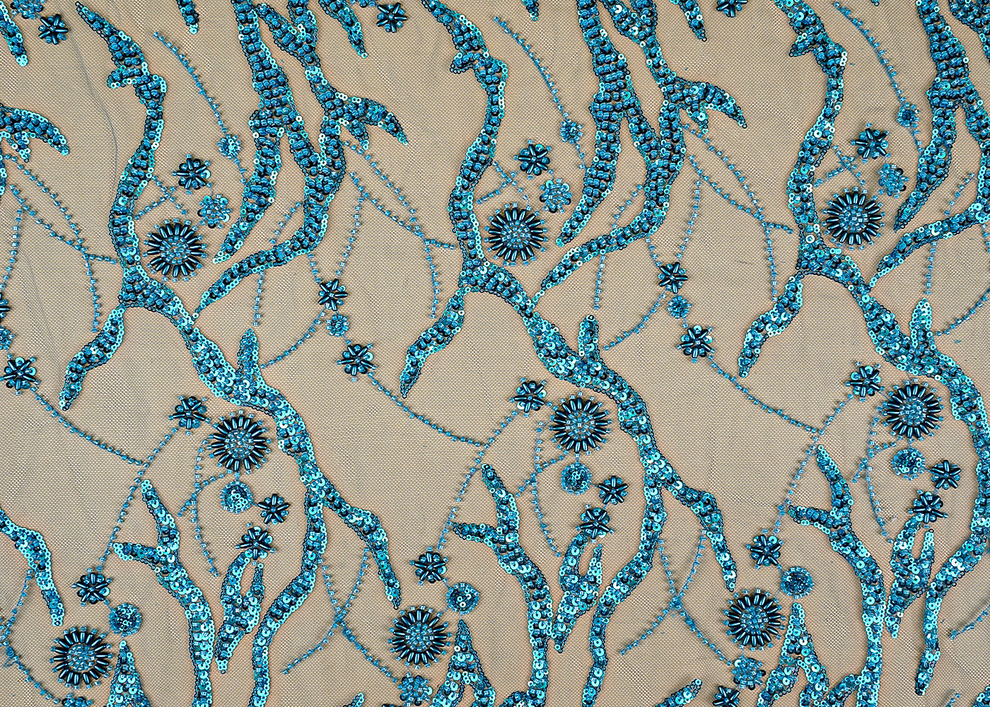 Blue Net Fabric with All Over Katdana, Bead, and Sequins Work 12206